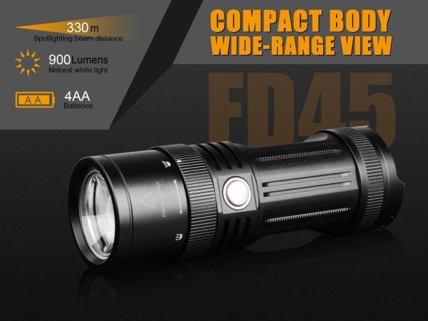 Brand New Fenix FD45 FOCUS 900 Lumens CREE LED Searchlight Flashlight powered by 4X AA Batteries. For Discount