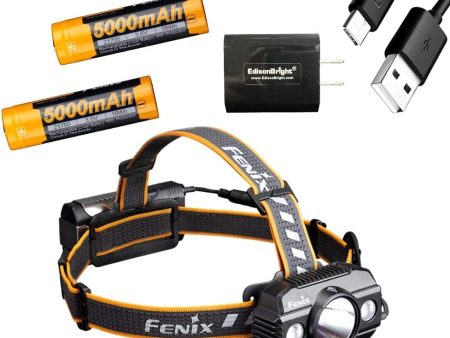 Fenix HP30R V2 3000 Lumen USB-C Rechargeable LED Headlamp, 2 X Fenix Rechargeable Batteries with EdisonBright USB Charging Adapter Bundle For Sale