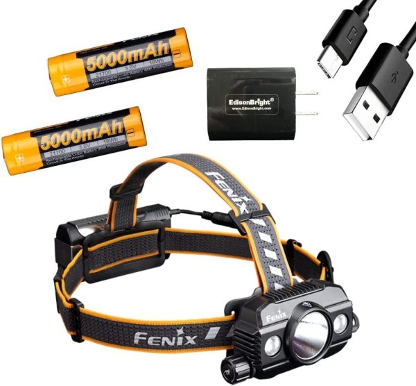 Fenix HP30R V2 3000 Lumen USB-C Rechargeable LED Headlamp, 2 X Fenix Rechargeable Batteries with EdisonBright USB Charging Adapter Bundle For Sale