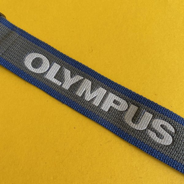 Original Olympus Blue and Grey SLR Camera Strap with Brown Leather Clasps For Discount