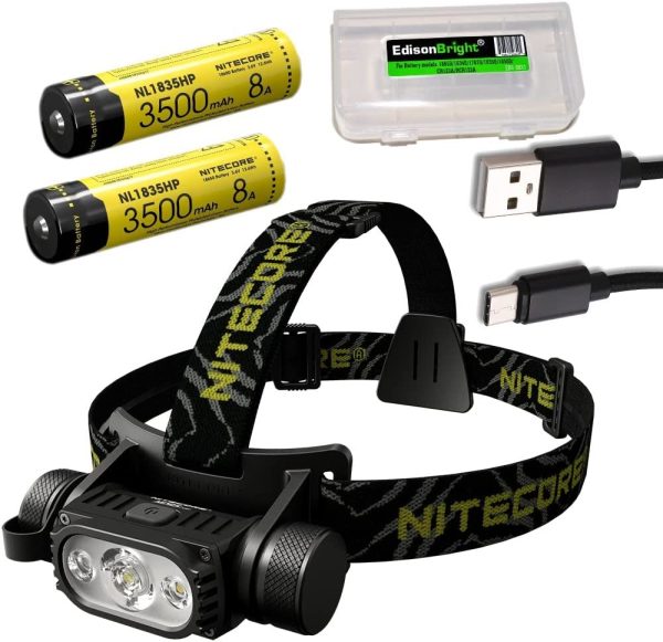 Nitecore HC65 V2 1750 Lumens LED Compact headlamp with 2 X NL1835HP Rechargeable Batteries and EdisonBright Battery Carrying case Sale