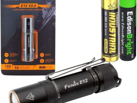 Fenix E12 V2 160 Lumen LED flashlight with EdisonBright AA alkaline battery bundle Discount