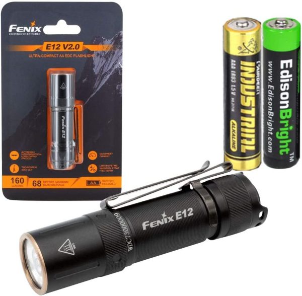 Fenix E12 V2 160 Lumen LED flashlight with EdisonBright AA alkaline battery bundle Discount