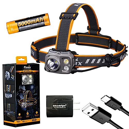 Fenix HP25R V2 1600 Lumen USB-C Rechargeable CREE LED Headlamp, Fenix Rechargeable Battery with EdisonBright USB Charging Adapter Bundle For Sale