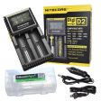 Nitecore D2 DigiCharger, car charger cord with EdisonBright battery carry case bundle For Li-ion, IMR, LiFePO4 26650 22650 18650 17670 18490 17500 18350 16340 RCR123 14500 10440 Ni-MH And Ni-Cd AA AAA AAAA C Rechargeable Batteries Supply