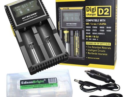 Nitecore D2 DigiCharger, car charger cord with EdisonBright battery carry case bundle For Li-ion, IMR, LiFePO4 26650 22650 18650 17670 18490 17500 18350 16340 RCR123 14500 10440 Ni-MH And Ni-Cd AA AAA AAAA C Rechargeable Batteries Supply