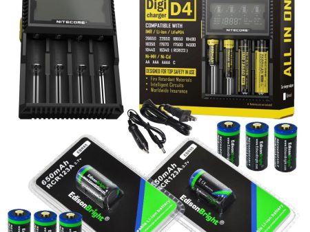 8 Pack EdisonBright EBR65 type 16340 RCR123A 3.7v rechargeable protected li-ion 650mAh batteries with Nitecore D4 smart digital battery charger For Discount