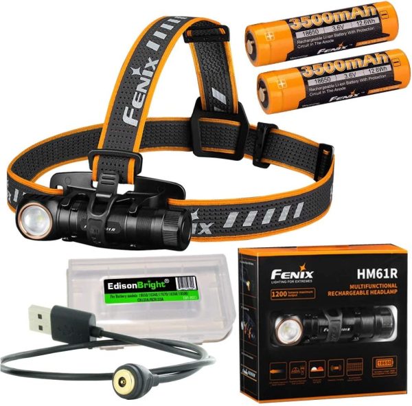 Fenix HM61R 1200 lumen LED Headlamp, magnetic charging cable, 2 X batteries with EdisonBright battery carry case bundle For Discount