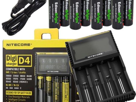 Nitecore D4 4 Slot Smart Battery Charger for Li-ion, IMR, LiFePO4 26650 18650 18350 16340 RCR123 14500 Ni-MH Ni-Cd AA AAA AAAA C Batteries w  8 x EdisonBright Ni-MH Rechargeable AA Batteries Bundle Fashion