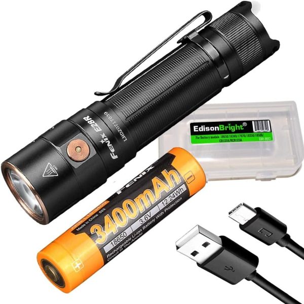 Fenix E28R 1500 Lumen USB-C Rechargeable EDC Flashlight with EdisonBright battery carrying case bundle on Sale