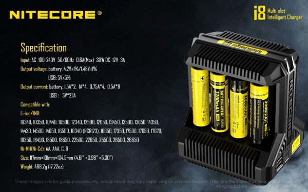 NITECORE i8 Eight Bays Smart Battery Charger for Li-ion IMR Ni-MH Ni-Cd 26650 22650 18650 18490 18350 16340 RCR123 14500 AA AAA AAAA C D USB with EdisonBright BBX3 Battery Carry case Sale