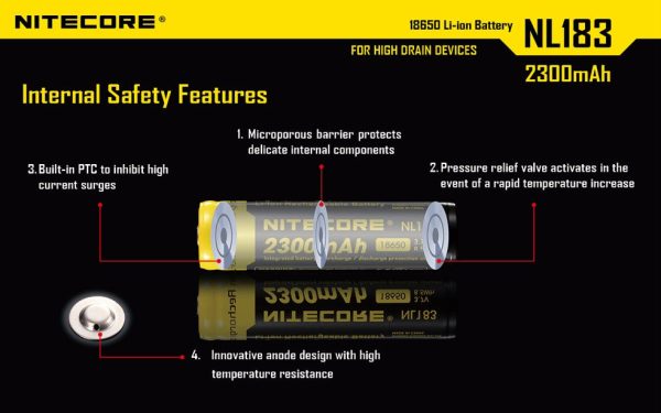 Nitecore NL183 Li-ion protected rechargeable 2300mAh 3.7v 8.5Wh 18650 Button-Top battery For Discount