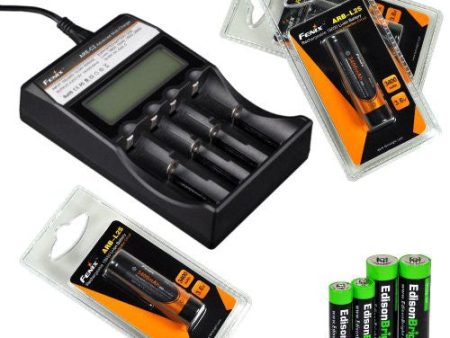 Fenix ARE-C2 four bays Li-ion  Ni-MH advanced universal smart battery charger, Three Fenix 18650 ARB-L2S 3400mAh rechargeable batteries (For PD35 PD32 TK22 TK75 TK11 TK15 TK35 TK51) with EdisonBright Batteries sampler pack For Discount