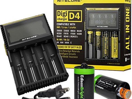 Nitecore D4 2015 smart Charger with LCD display For Li-ion, IMR, LiFePO4 26650 22650 18650 17670 18490 17500 18350 16340 RCR123 14500 10440 Ni-MH And Ni-Cd AA AAA AAAA C Rechargeable Batteries with 2 x EdisonBright AA to D type battery spacer converters Sale