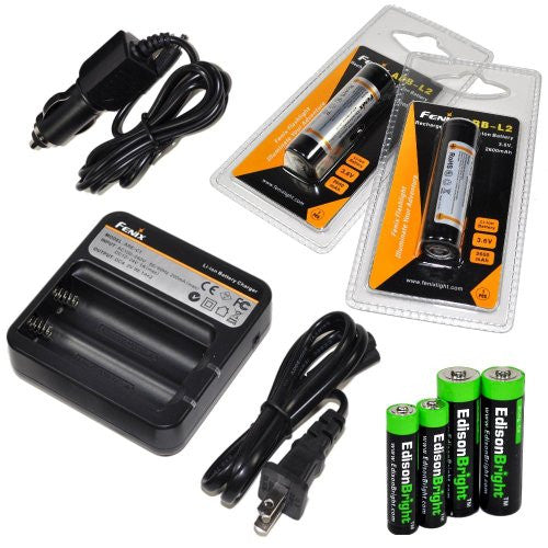 Fenix ARE-C1 two bays Li-ion 18650 home in-car battery charger, Two Fenix 18650 ARB-L2 2600mAh rechargeable batteries (For PD35 PD32 TK22 TK75 TK11 TK15 TK35) with EdisonBright Batteries sampler pack Online now