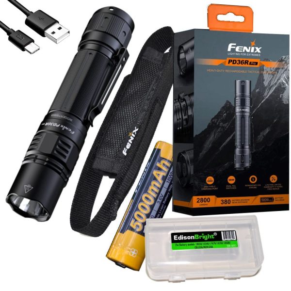 Fenix PD36R Pro 2800 Lumen USB Rechargeable LED Tactical Flashlight with EdisonBright Charging Cable Carry case Bundle on Sale