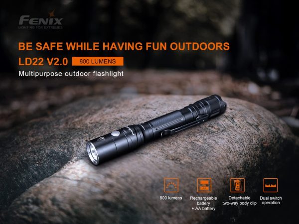 Fenix LD22 V2 800 Lumen Slim LED Tactical Flashlight, Rechargeable Battery, 2 X AA Batteries with EdisonBright Charging Adapter For Sale