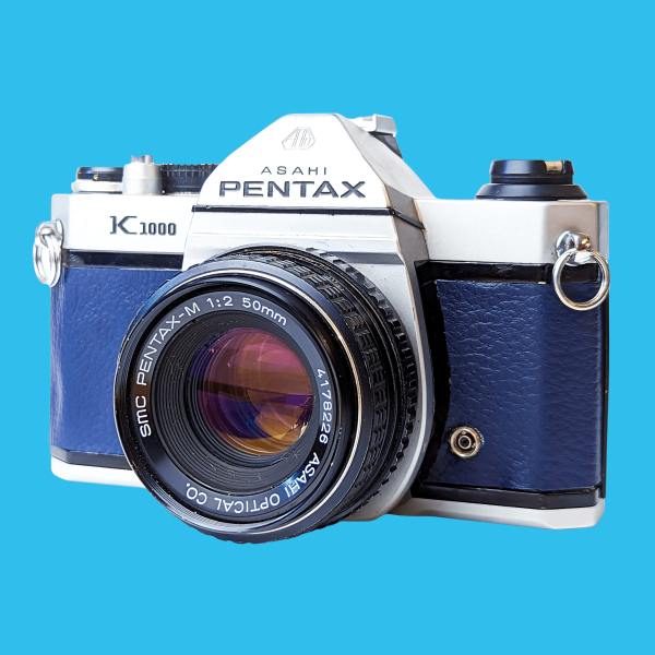 Pentax K1000 Navy Leather Vintage SLR 35mm Film Camera with Pentax f 2 50mm Prime Lens. on Sale