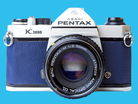 Pentax K1000 Navy Leather Vintage SLR 35mm Film Camera with Pentax f 2 50mm Prime Lens. on Sale